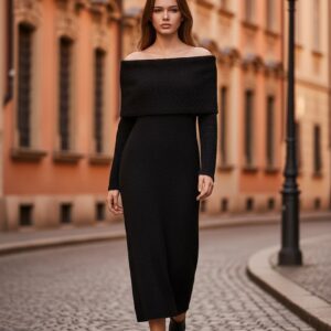 Midi Φόρεμα Off-Shoulder Πλεκτό Ελαστικό (Καλύπτει έως XL)