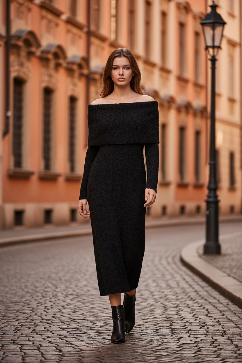 Midi Φόρεμα Off-Shoulder Πλεκτό Ελαστικό (Καλύπτει έως XL)