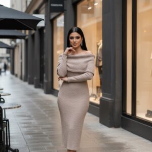 Πλεκτό Φόρεμα One Size Off-Shoulder – Μπεζ (Ελαστικό, έως XL)