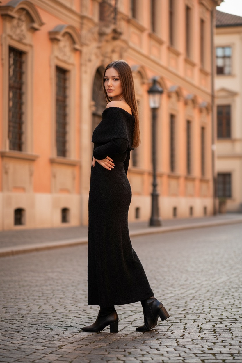 Midi Φόρεμα Off-Shoulder Πλεκτό Ελαστικό (Καλύπτει έως XL) - Image 2