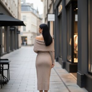 Alternative view of Πλεκτό Φόρεμα One Size Off-Shoulder – Μπεζ (Ελαστικό, έως XL)